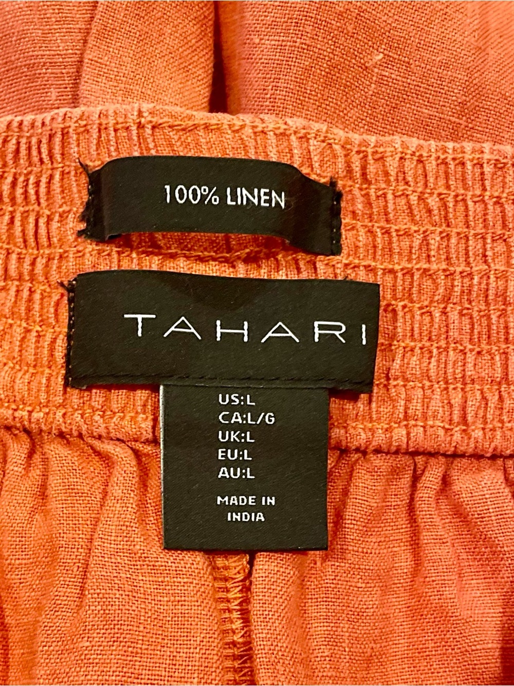 Tahari 100% Linen Coral Orange Wide Leg Crop Pants Elastic Back Waist Size L - Picture 2 of 9